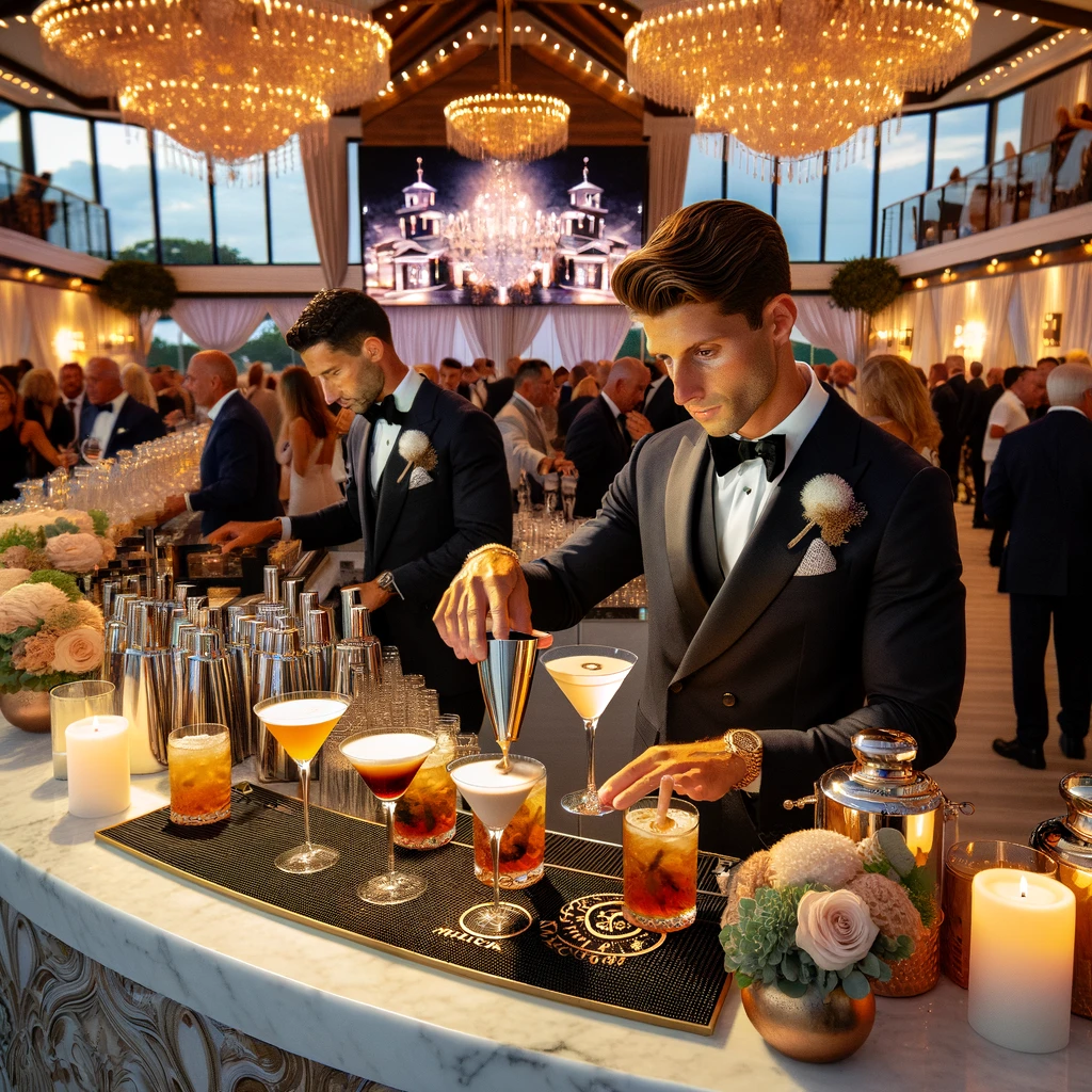Professional bartenders engaging with guests, showcasing mixology skills at an Ocean County event, emphasizing the value of hiring professional bartending services.
