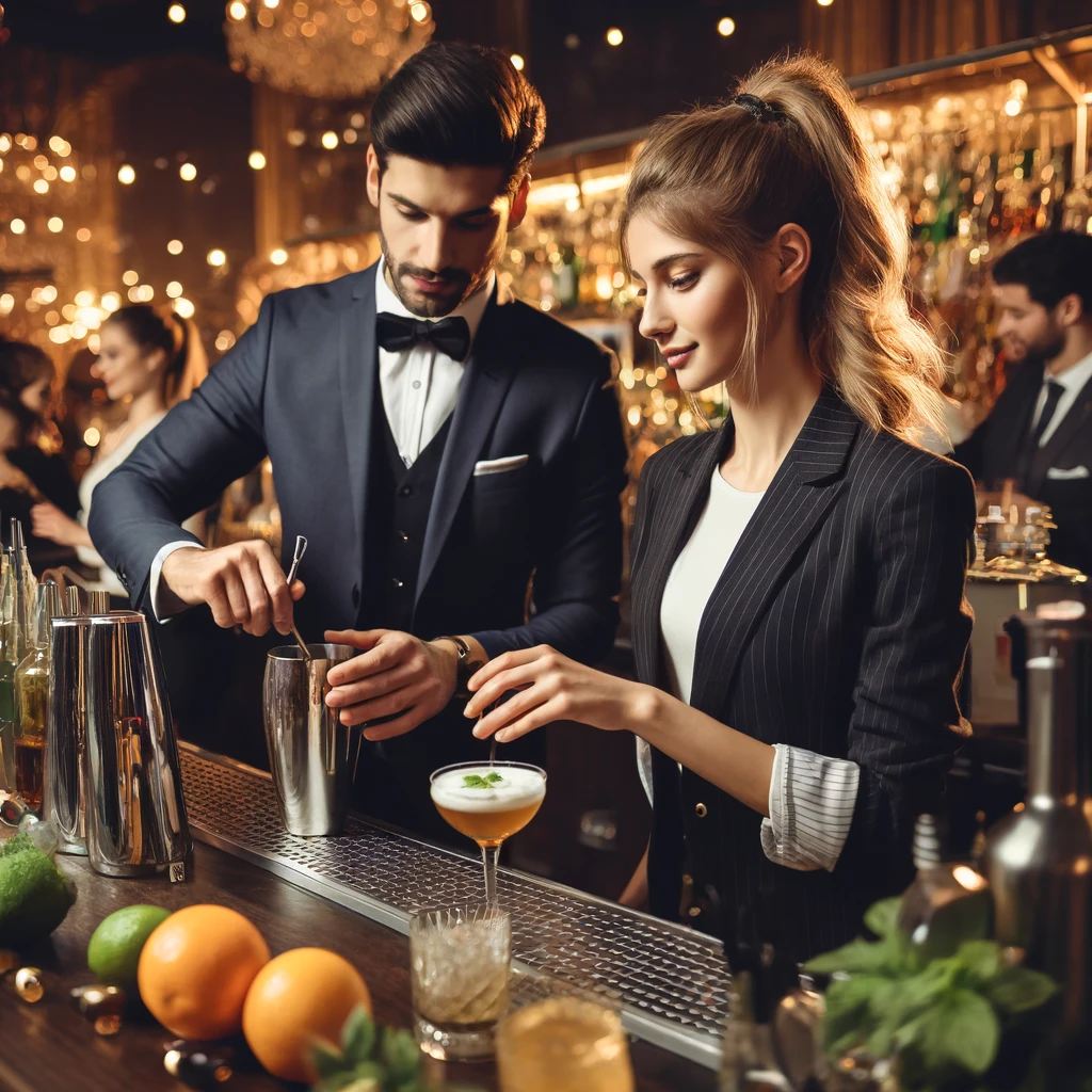 Professional Bartenders at work during a high-energy event, one male and one female, expertly mixing drinks and serving guests at a sophisticated bar setup.